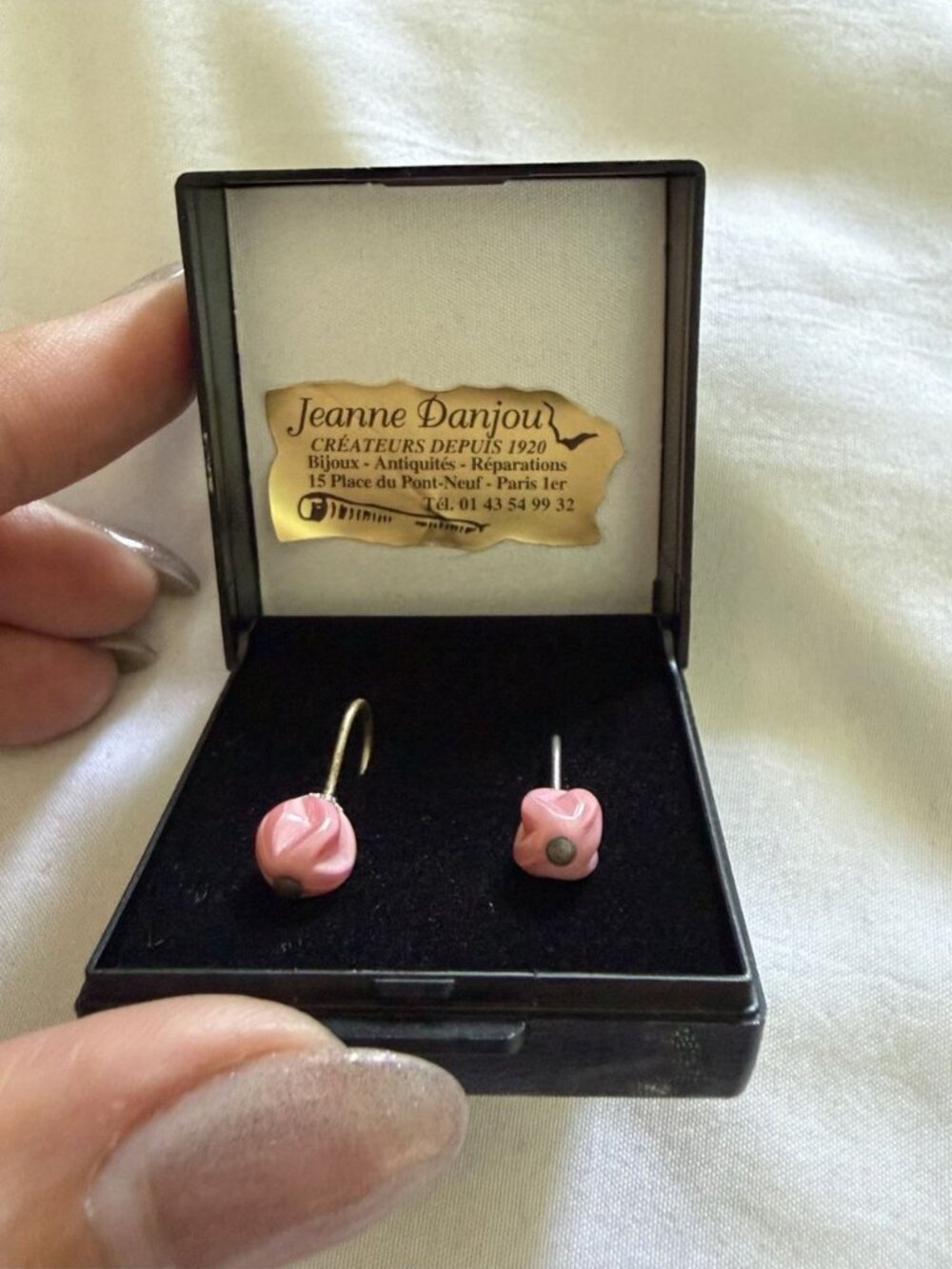 NEW From Paris Jeanne Danjou Rousselet Vintage Pink Glass Bead Drop Earrings